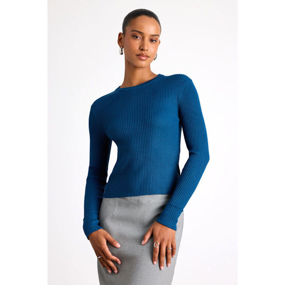 Lulus Basics Karlee Dark Teal Blue Ribbed Knit Long Sleeve Sweater Top - Size M